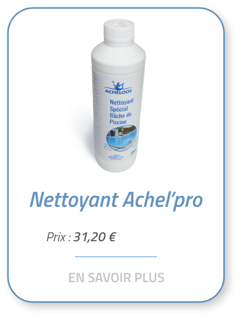 Achel'Pro est un détergent nettoyant dégraissant concentré, spécialement formulé pour l'élimination totale et complète de toutes saletés accumulées sur votre bâche piscine.
C'est le produit de nettoyage par excellence pour votre bâche.